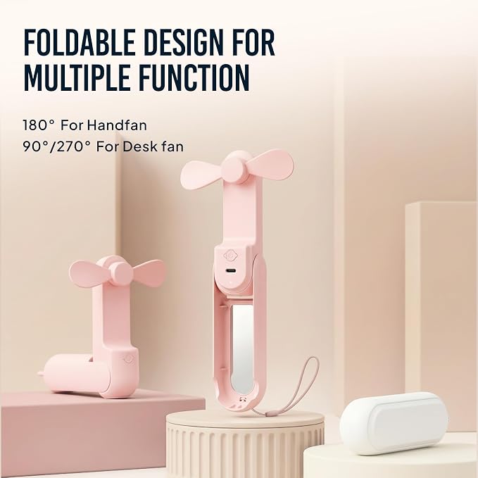 3-in-1 Portable Handheld Fan with Mirror & Flashlight - Mini Personal Fan, 22H Cooling, USB Rechargeable Travel Fan for Women, Makeup, Concerts & Summer (Pink) - Image 9