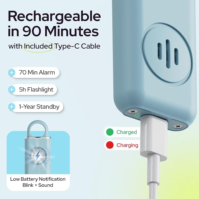 Rechargeable Personal Safety Alarm Keychain, 130dB, USB-C Charging, Blue | 130dB Loud Panic Siren Keychain, Rape Whistle Alternative, LED Light, Carabiner Clip, Low Battery Alert - Image 4