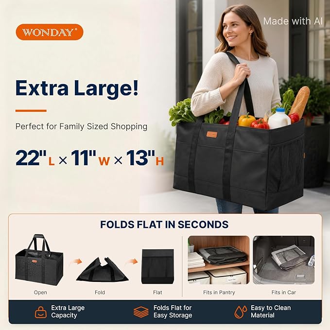 WONDAY Black Foldable Utility Tote Bag, Reusable Grocery Bag | 22x11x13in, holds 50lbs, 600D Oxford fabric with PP board bottom, folds flat, side panels only, not self-standing - Image 4