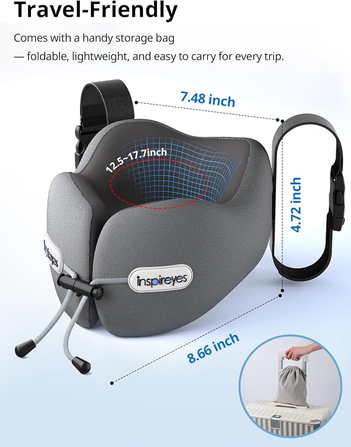 Travel Neck Pillow Seat Strap System, Long Flight Stable Support | High Supportive Foam Airplane Pillow, 3D Sleep Mask, 360° Headrest, Sleep Support Essential, Stop Head Bobbin, Light Grey - Image 4