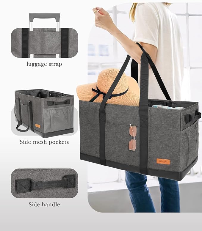 WONDAY X-Large Utility Tote Bag, Standing Reusable Grocery Bag | 22x11x13.5in, 50L capacity, holds 100lbs, collapsible, fabric with leather bottom, for beach travel storage - Image 6