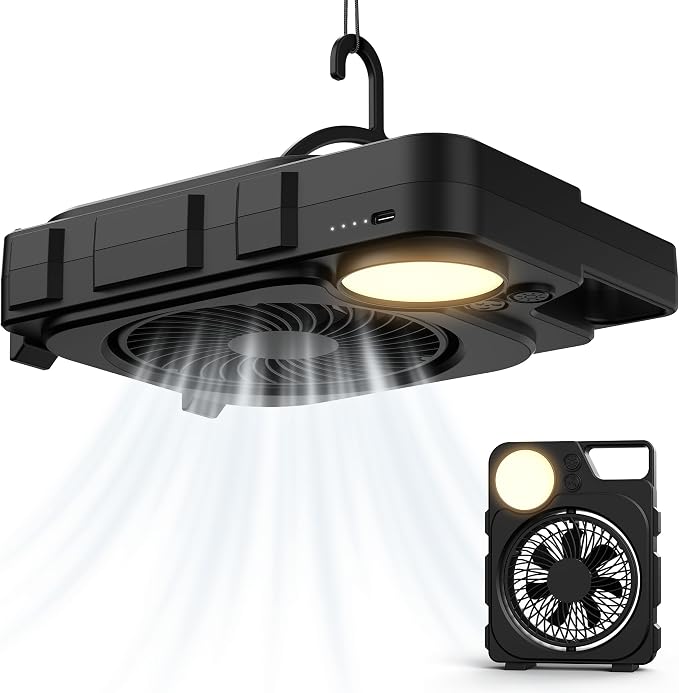 PopoIron 2-in-1 Camping Fan with LED Lantern, USB-C Rechargeable Portable Fan with Sealed 8000mAh Battery Pack, Hanging & Desktop Use, 3-Speed Cooling, 3 Color Temperature Light for RV, Tent, Travel by WelcometoPopoIron