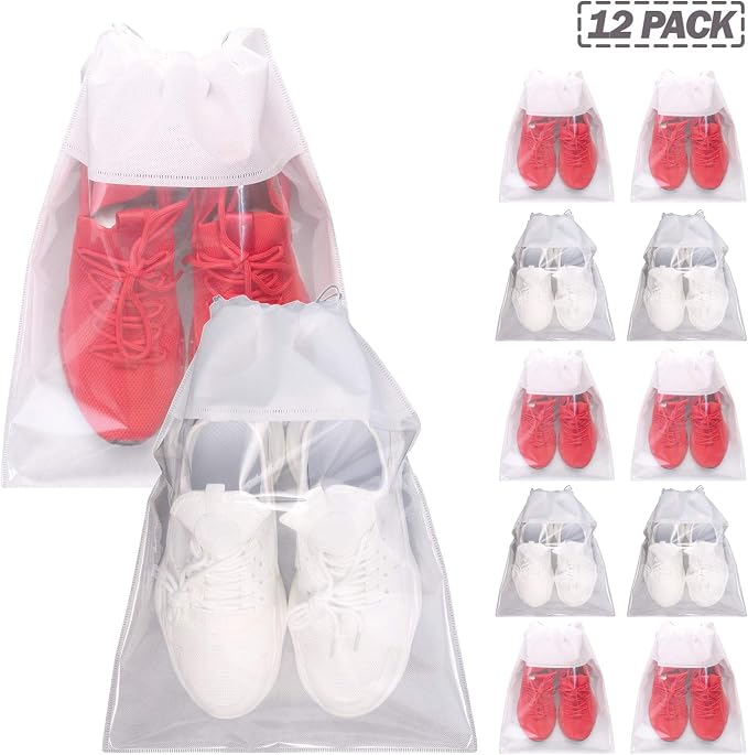 12 Pack Portable Shoe Bags for Travel Large Shoes Pouch Storage Organizer Clear Window with Drawstring for Men and Women White - Image 7