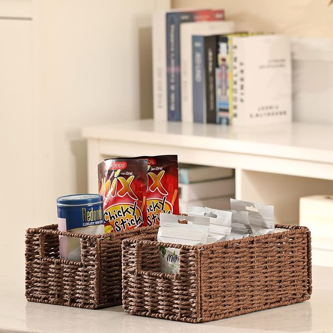 Wicker Storage Basket, Set of 2 Hand-Woven Paper Rope Wicker Basket, Small Storage Baskets for Organizing Toilet Paper, Foldable Large Cube Storage Organizer Bins for Shelves (Brown) - Image 3