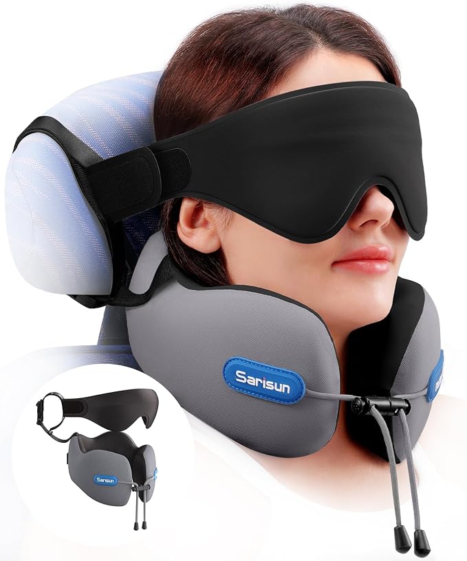 SARISUN Travel Neck Pillow with Strap & Eye Mask for Airplane Sleep Support | Airplane Pillow with Memory Foam, 3D Sleep Mask, for Comfort Sleep on Long Flight/Car Trip/Train Travel Essentials Grey by SARISUN