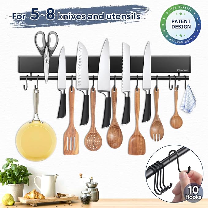 17 inch magnetic knife holder with 10 hooks, No Drilling black knife magnetic strip and utensil hanger for wall, Powerful knife magnet rack include tape and screws - Image 3