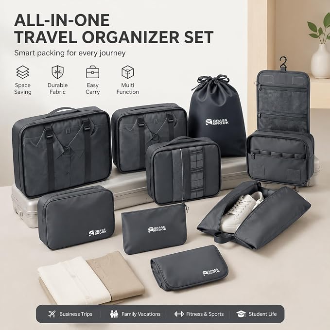 8 Set Packing Cubes for Travel Essentials With Hanging Toiletry Bag for Women, Lightweight Suitcase Organizer Bags with Mackup bag, Carry-On Luggage Accessories (Gray) - Image 5