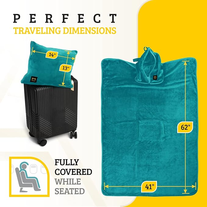 Travel Blanket Airplane Compact with Hoodie, Folds into a Travel Pillow | 300 GSM fleece airplane blanket; attached hoodie doubles as its storage case | 62 x 41 in., luggage strap and secure pocket - Image 2