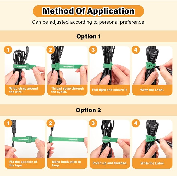 SummerBrite 70 Pack Assorted Cable Ties (4, 6, 8 Inch) Multi-Color with Writable Labels, Reusable Cord Organizer Straps, Hook & Loop Wire Management for Electronics, Home Office, PC Desk & Travel - Image 9