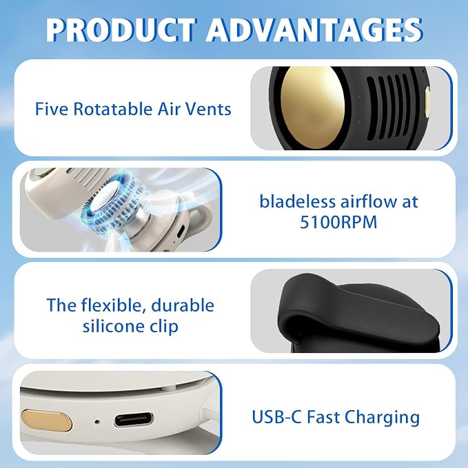 Portable Fan,Clip On Waist Bladeless, Ultra-Quiet Personal Mini Neck Fan | 3 Speeds with 360°Adjustable Clip Mini Fan Personal USB Rechargeable Small Fan for Summer - Image 3
