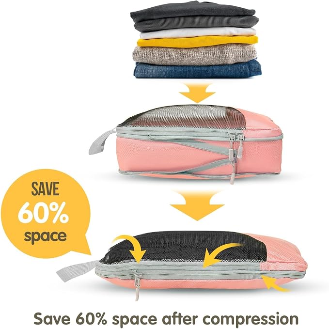 Compression Packing Cubes 8 Set, Dual Zipper Compression Packing Cubes for Travel, See-Through Mesh Packing Bags for Suitcases, Compression Travel Cubes with Shoe Bag (Pink) - Image 4