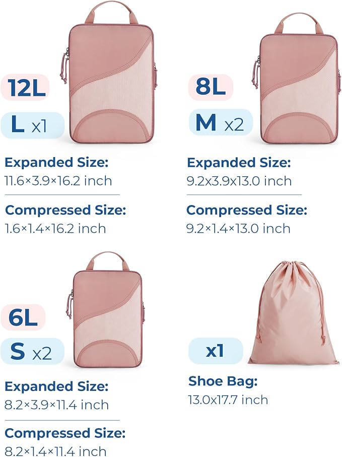 Bagsmart Compression Packing Cubes, Travel Bag Cruise Ship Essentials | Lightweight, Compressible Suitcase Organizer Set fit Standard Carry-On & Checked Luggage, 6 Set, 14 Set Washable Packing Bags - Image 2