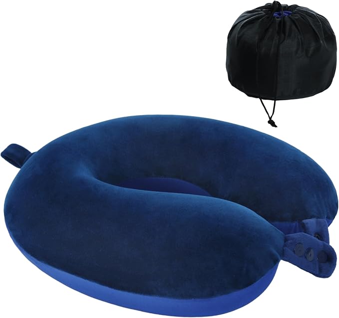 Travel Neck Pillow, Top Memory Foam Pillow for Head Support, Ideal for Airplanes, Cars, and Home Recliners, Adjustable and Soft (Blue) by Makimoo