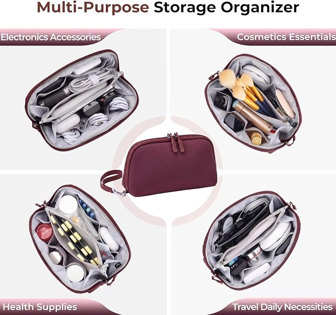 FYY Travel Cable Organizer - 8 Compartments, Lightweight, Water Repellent | With Wrist Strap, Portable Tech Pouch for Cord Charger, Travel and Business Trips Use, Soft Shell Nylon, Wine Red (Medium) - Image 8