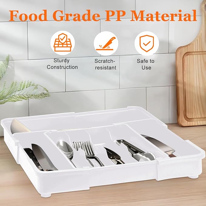 Silverware Drawer Organizer, Adjustable Utensil Tray for Kitchen Drawer, 19 x 15 Inches Flatware and Cutlery Holder, Expandable Plastic Storage for Spoons Forks Knives, 4-7 Slots, White - Image 9