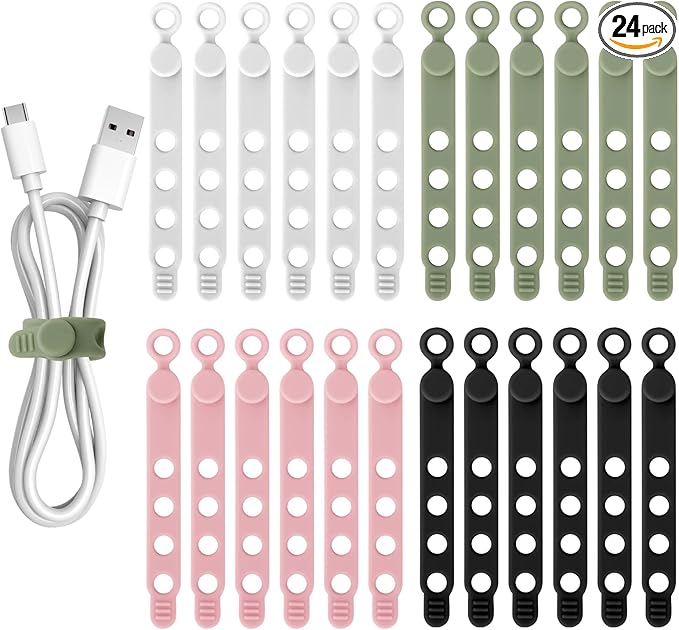 24Pcs Silicone Cable Ties Cord Organizer Cable Management - 4 Colors | Elastic Reusable Cable Straps for Earphone, Phone Charger, Computer Wires, Cap in Home,Office,Kitchen,School,Travel,Hiking by Cfyouend