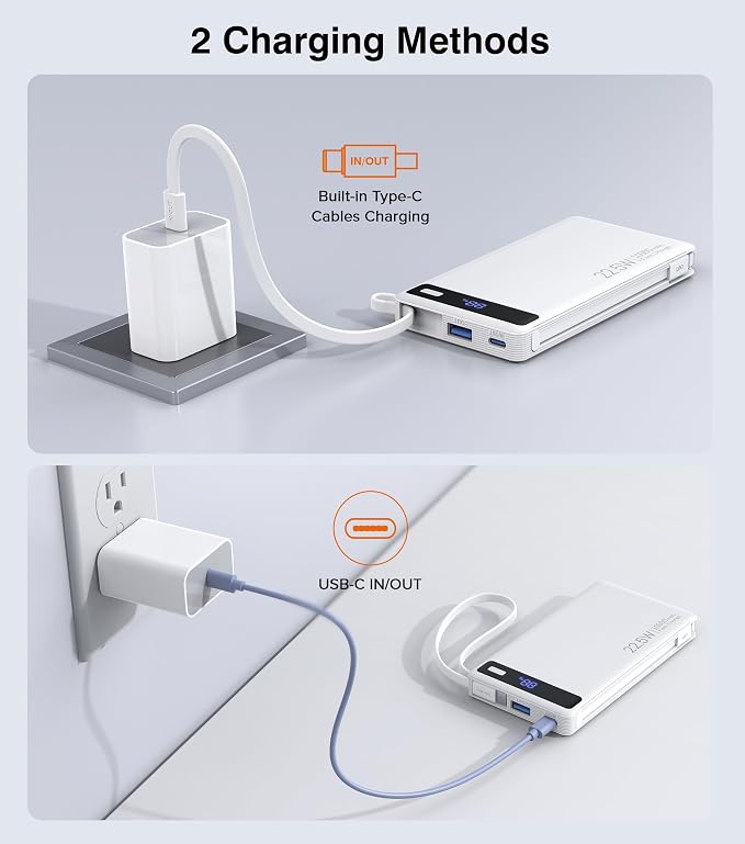 Power Bank with 2 Built-in Cables 10000mAh,22.5W Fast Slim Portable Charger | USB C Battery Pack, Travel Essentials Gift PD Fast Charging Powerbank For iPhone 17 16 15 Plus Pro Galaxy iPad White(1 Pack) - Image 4
