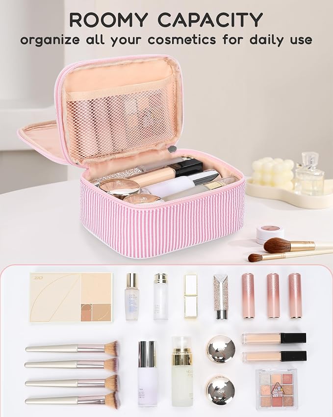 Relavel Small Pink Cosmetic Bag with 2 Makeup Brush Holders, Pink Strip | 2-Layer Travel Makeup Bag, Portable Compact Makeup Pouch for Women, Cute Toiletry Bag with Double Layer Organizer - Image 7