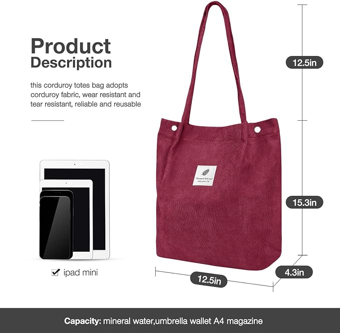LHMTQVK Corduroy Tote Bags for Women, Large Capacity Tote Purse Reusable Grocery Shoulder Bag with Inner Pockets - Image 3