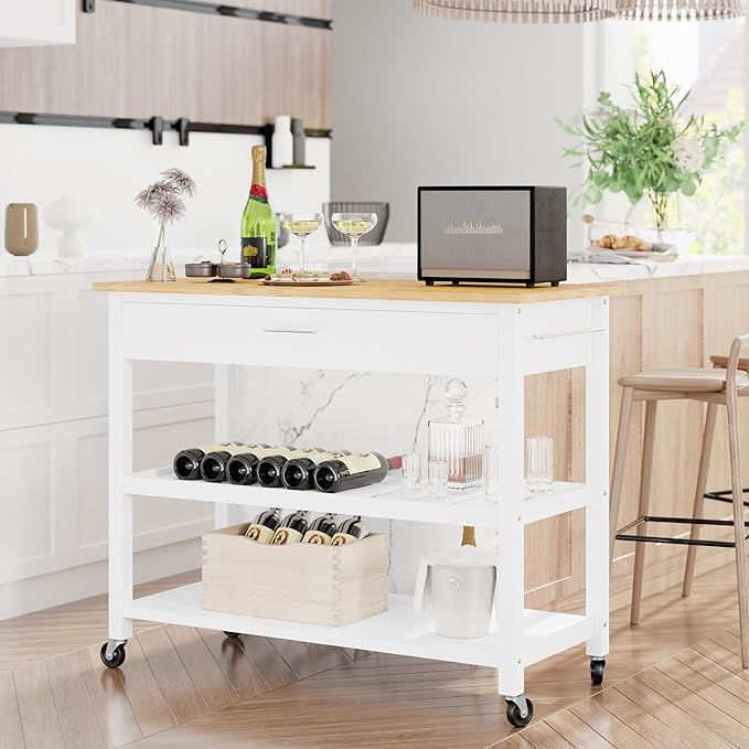 Shintenchi Kitchen Island Cart with Storage,Rolling Kitchen Island Side Table on Wheels with Large Worktop,Storage Cabinet,Towel Rack,Drawers and Open Shelves for Kitchen,Dinning Room,White by Shintenchi%7CFurnitureMadeforRealLife