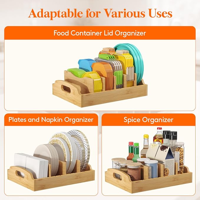 Lifewit Bamboo Lid Organizers for Inside Cabinet with 6 Sections | Food Container Lid Holder with 5 adjustable Inserts, Kitchen Pantry organizer and storage, Large, 13.2" x 10", Natural - Image 5