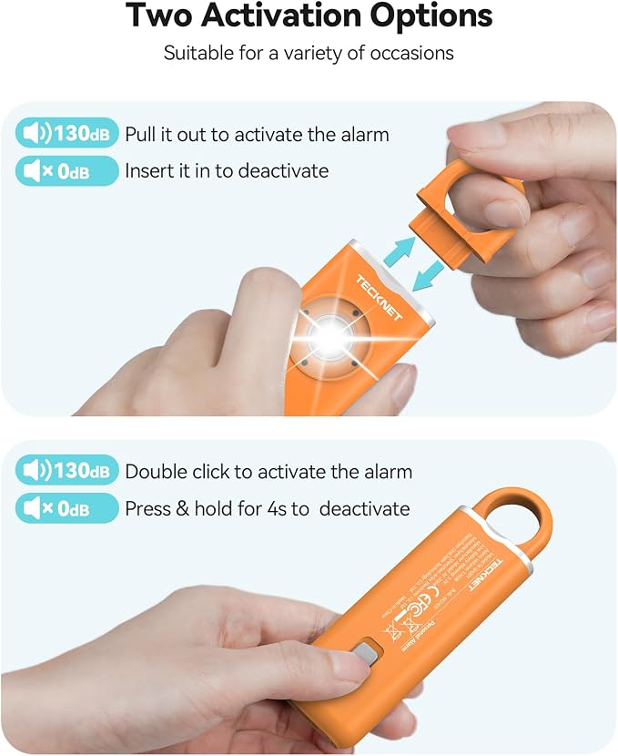 TECKNET Rechargeable Personal Safety Alarm for Women, 130dB Self Defense Keychain Alarm with SOS Strobe Light, Low Battery Notice, Loud Siren Safety Keychain for Girls Kids Elderly - Orange - Image 3