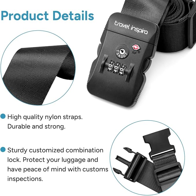 Travel Inspira Anti-Theft Suitcase Belt with TSA Lock | Heavy-Duty Nylon; TSA-Approved Lock with Tag; Adjustable 103-200cm; Secure Black Strap; 20-28 Inch Bags - Image 9
