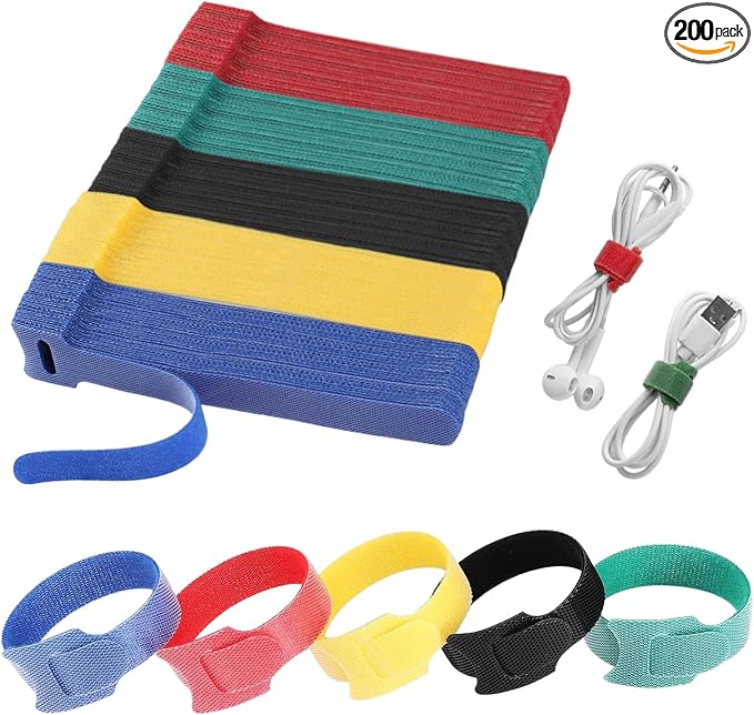 200PCS 6 Inch Cable Ties Reusable Fastener Straps Multi-Purpose Wire Ties Self-Gripping Cord Organizer Cord Wraps Adjustable Hook&Loop Cable Straps for Home,Office and Data Centers Cables Management by BADAO