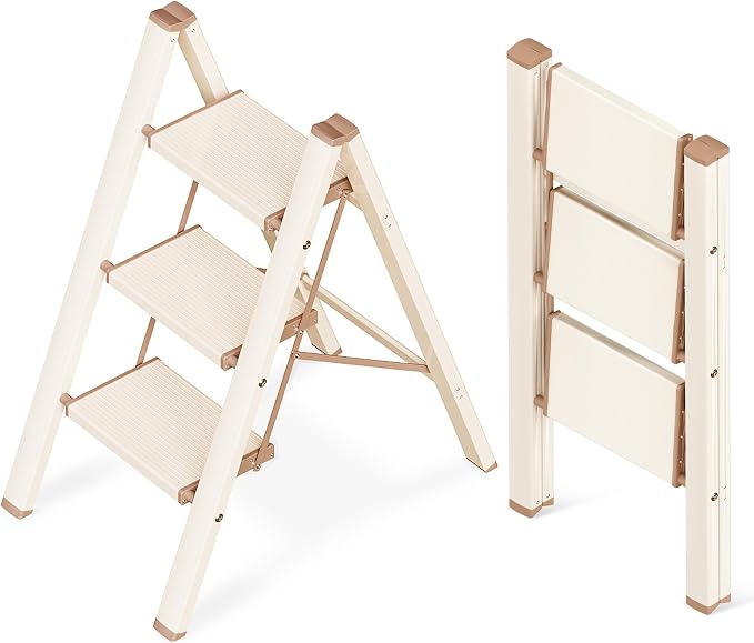 3 Step Ladder, Folding Step Stool with Anti-Slip Wide Pedal | Lightweight, Aluminum Material, 330LBS Load, Portable, Easy Storage, Space Saving, for Kitchen, Bedroom Use, Chocolate White by GameGem
