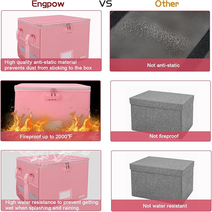 ENGPOW File Box with Lock, Fireproof Document Box with Pockets, Collapsible File Organizer Filing Storage Cabinet with Handle, Portable Home Office Safe for Hanging Letter/Legal Folders, Pink, 2 Pack - Image 6