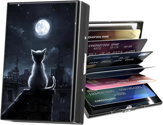 Metal Wallet,Credit Card Holder for Women Men,RFID Blocking Card Holder Wallet Mini Slim Aluminum Wallet ID Case Hard Card Case Business Card Holder Case,Lonely Cat Moon by ACWDMKH