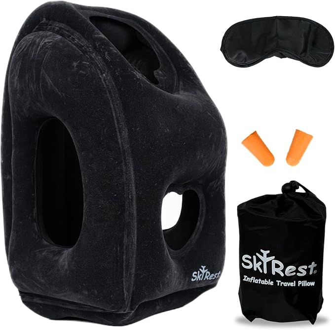 Inflatable Travel Pillow - Airplane Pillow for Neck Support on Long Flights, Buses, Cars, Office & Trains - Comes with Eye Mask, Earplugs & Portable Drawstring Bag - Black by Skyrest