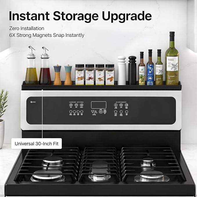 30" Magnetic Stove Top Shelf, Silicone Over the Stove Spice Rack Organizer | Heat Resistant Silicone, Anti-Rattle No-Scratch Range Shelf, 3 Functional Partitions Kitchen Storage for Spices - Image 4