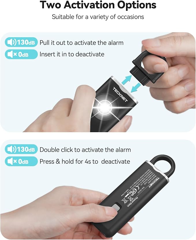 TECKNET Rechargeable Personal Safety Alarm for Women, 130dB Self Defense Keychain Alarms with SOS Strobe Light, Low Battery Notice, Personal Alarm Loud Siren Safety Keychain for Girls Kids Elderly - Image 4