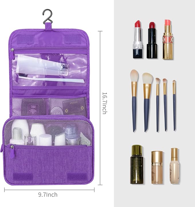 Lcsmaokin Large Capacity Toiletry Bag Travel Bag with Hanging Hook for Men and Women Waterproof Travel Cosmetic Bag Bathroom Storage Bag for Brushes Set, Full-Sized Shampoo, Toiletries, (Purple) - Image 5