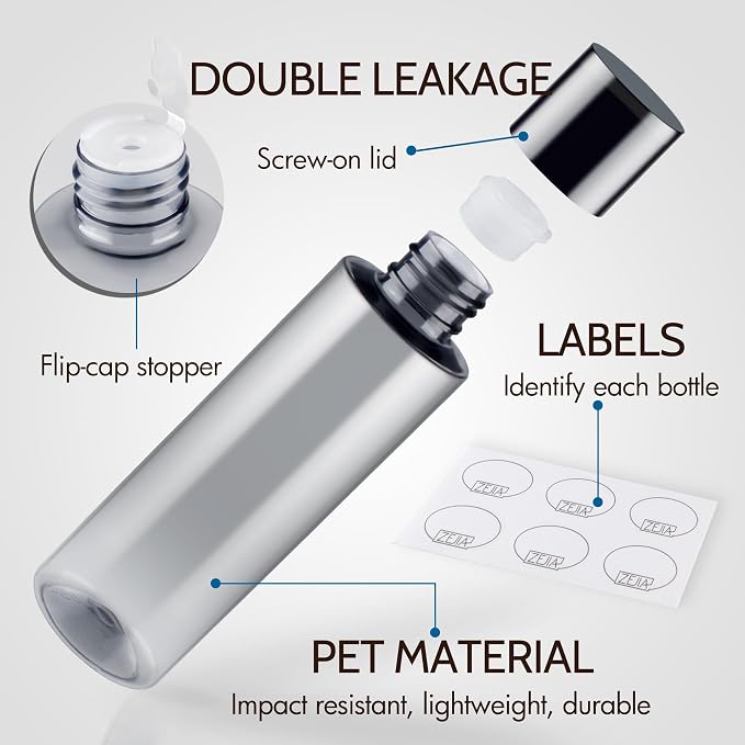 200ML/6.8OZ Travel Size Toiletries, 6 Pack Travel Size Containers, Leak Proof Plastic Bottles for Shampoo, Lotion, Body Wash with 6pcs Labels | Double Leak Proof & Refillable Plastic Travel Bottles for Shampoo, Lotion, Body Wash with 6pcs Labels - Image 2