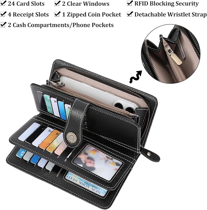 Wallets for Women Trifold Wristlet Wallets Large Capacity RFID Blocking Ladies Purse Credit Card Holder - Image 4
