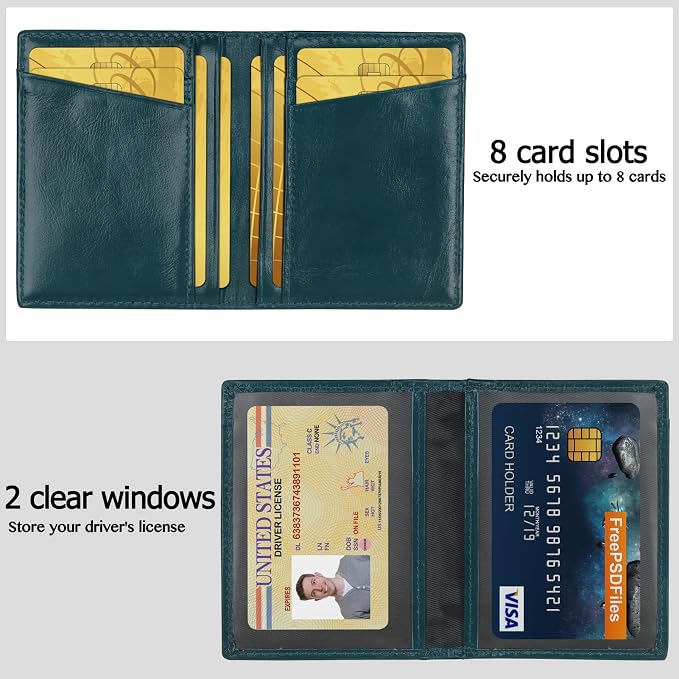 Unaone Slim Minimalist Wallet - Premium Leather RFID Blocking Front Pocket Wallets with 8 Card Slots and 2 ID Window, Drak Green - Image 3
