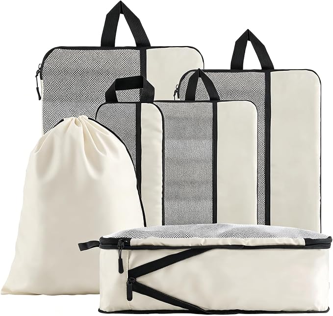 U+U 6 Set Compression Packing Cubes, Travel Organizers (Cream) | Space-Saving & Drawstring Bag Included by UU