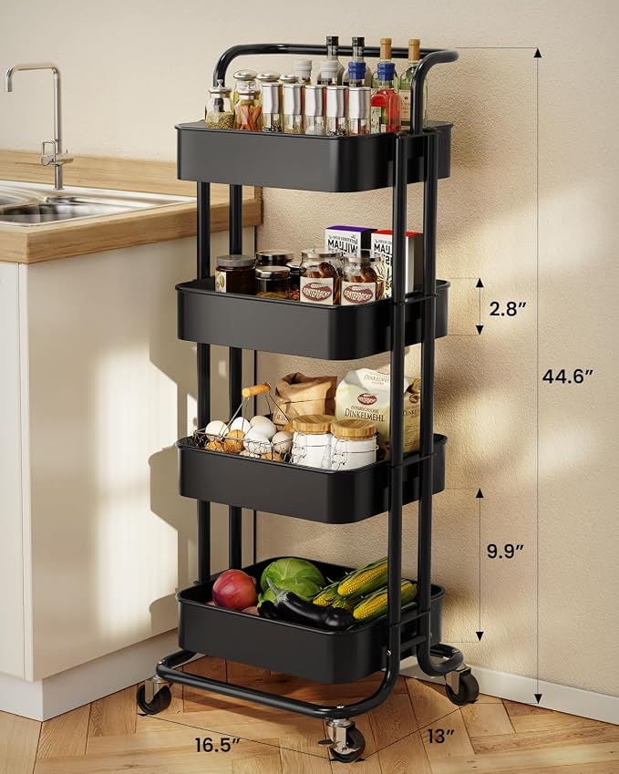 Pipishell Metal 4 Tier Rolling Cart with Handle & 2 Lockable Wheels, Black | Four Large 2" Wheels for Easy Motion, Sturdy Metal, Hold 22 lbs per Shelf, Ideal for Nursery Room, Living Room, Painting Room - Image 2