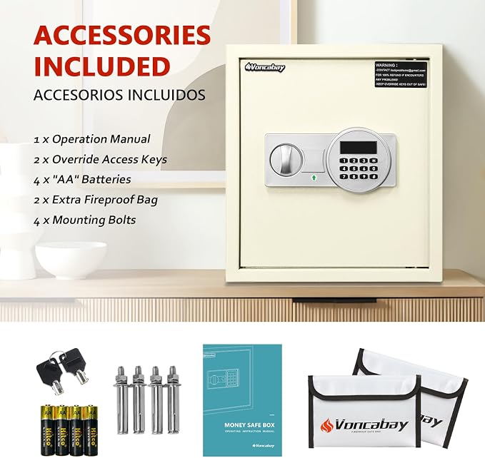 Voncabay Money Safe Box for Home with Digital Keypad, 1.5 Cu. Ft., White | Alloy Steel, 2 Fireproof Bags, Digital Keypad with Display, Removable Shelf, Alarm System, 14 x 13 x 13 In. - Image 6