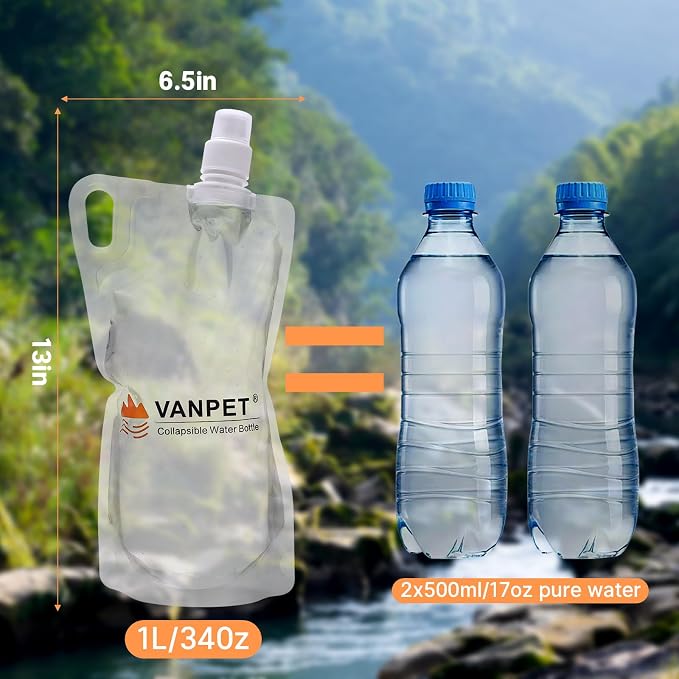 VANPET 1L Hiking Collapsible Water Bottles, 33OZ BPA-Free Plastic Flasks, Reusable Drink Bags, Foldable Backpacking Water Bottle for Travel Camping Hiking (2-Pack) - Image 4