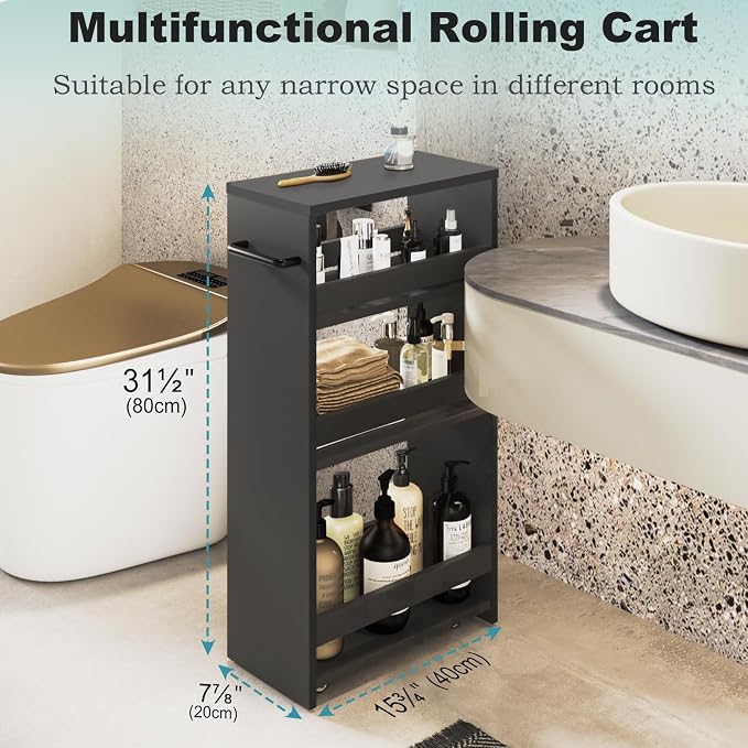 MARTY Slim Rolling Storage Cart, Wood Utility Kitchen Bathroom Laundry Cart | 4 Tier Kitchen Cart with Wheels Handle, Laundry Room Organization Between Washer and Dryer, Narrow Storage Cabinet, 8” Wide - Image 3