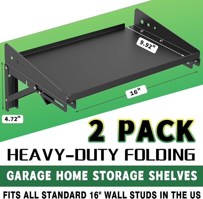 ULIBERMAGNET Garage Folding Storage Rack Shelves,200LB Metal Wall Mounted Adjustable Rail Shelf for Garage,Power Tools,Toolbox,Storage Shelves with Lip for Workshop Kitchen Office (2 Pack) - Image 2