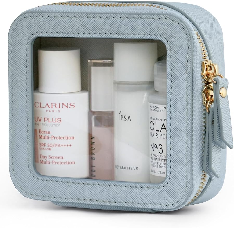 Clear Makeup Bag Travel Cosmetic Case Transparent Toiletry Bag with Zipper, Portable Make Up Organizer Traveling Compact Car Bag for Essentials, Light Blue, Mini by POPVIBE