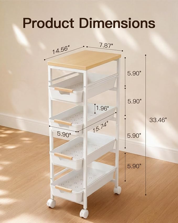 Pipishell Slim Storage Cart, Wooden Top Narrow Kitchen Storage Cart, White | 5 Tier Skinny Rolling Cart with Pull-Out Baskets, Vented Design & Lockable Wheels for Kitchen, Bathroom, Laundry Room - Image 6