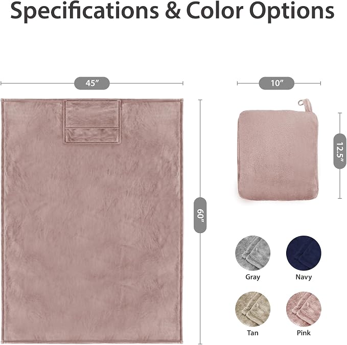 DEZ FURNISHINGS 4-in-1 Travel Compact Blanket Pillow Super Soft Velvet with Luggage Sleeve and Backpack Clip, Dusty Pink, 60" W x 45" H - Image 3