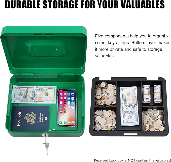 KYODOLED Large Cash Box with Combination Lock,Safe Metal Box for Money, Storage Lock Box with Money Tray,9.84"x 7.87"x 3.54" Green Large - Image 4