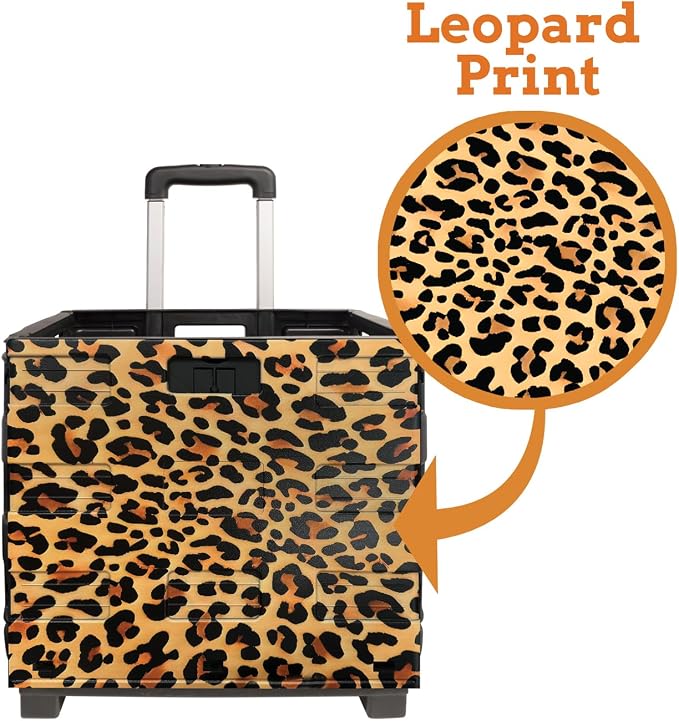 Inspired Living Ultra-Slim Rolling Collapsible Storage Pack-N-Roll Utility-carts, with Telescopic Handle, for Home, Garden, Shopping, Office, School use, Large, Leopard - Image 5