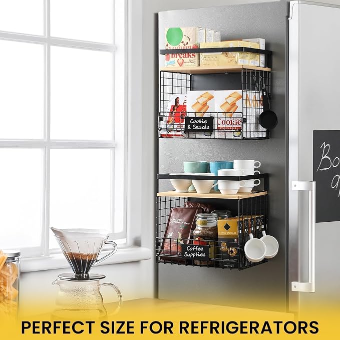[WIDER SHELF] 2 SET Strong Magnetic Shelf Basket for Fridge with Tag & Bamboo Top, XXL Large Magnetic Spice Rack Shelves for Side of Refrigerator, Kitchen Pantry Storage Organizer for Food Fruit Veg - Image 5